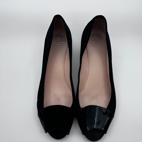 Aquatalia‎ Black Fabric Wedge Heel Flats patent Leather Peep Toe Womens Sz 9 - Picture 1 of 11